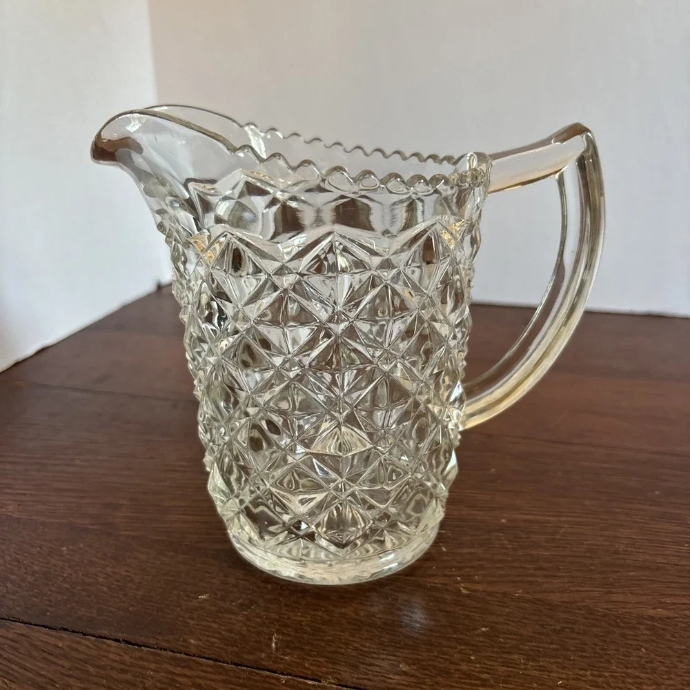 Vintage Pressed Glass Pitcher Diamond Point Sawtooth Pattern Scalloped Rim 5.5in